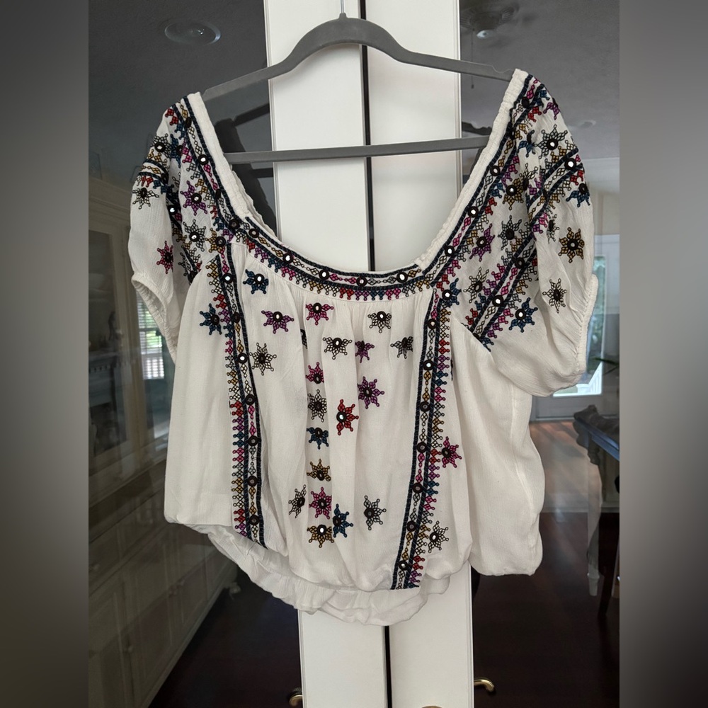 Free People White Embroidered Blouse